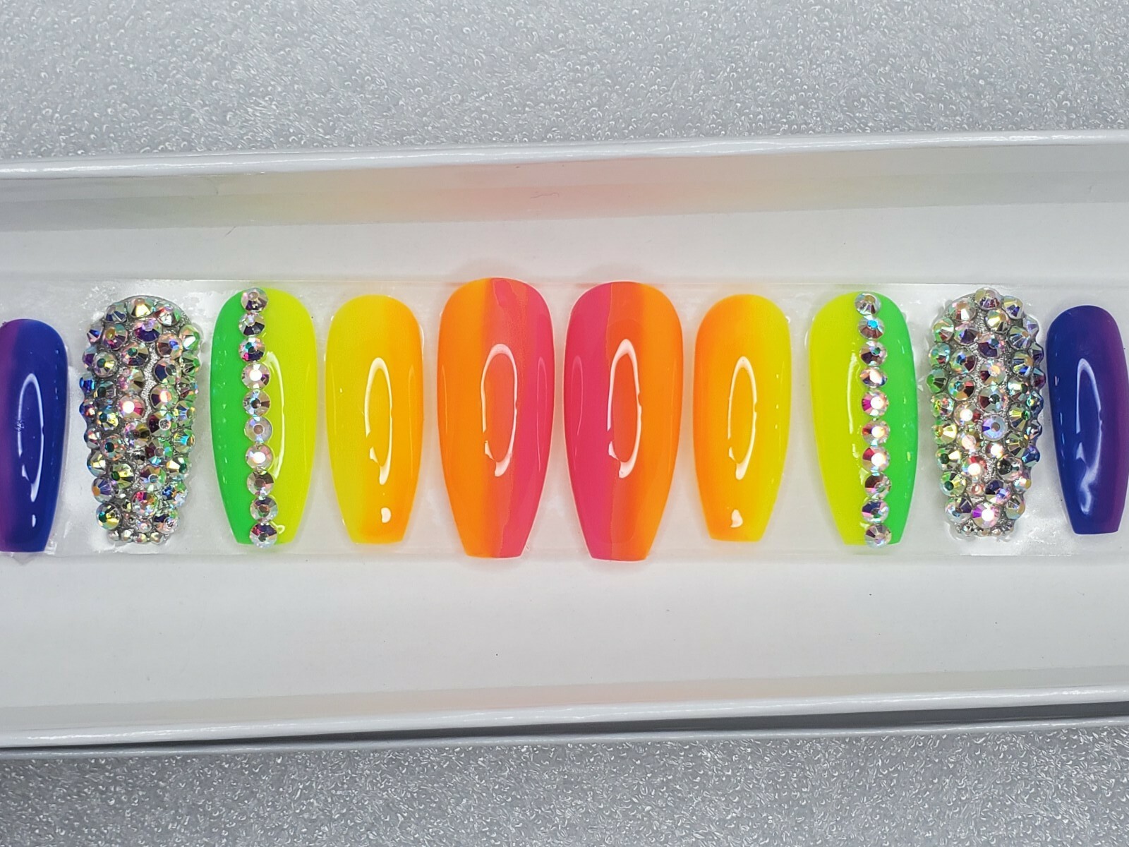 Neon Rainbow bling nails crystal pride set Press On nails diamond long coffin