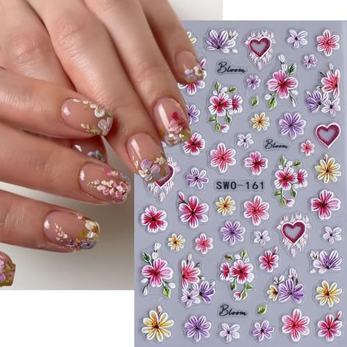 Flower Nail Stickers 3D Self-Adhesive Colorful Floral Nail Art White Daisy