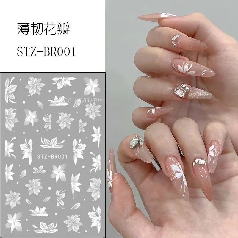 2Pcs 3D White Lace Flower Lily Petal Matte Effect Thin Nail Stickers NH27
