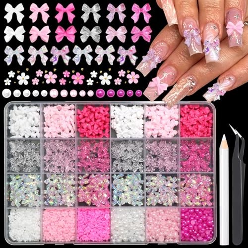 Pink Assorted Nail Charms Set Multiple Style Nail Bows White Pink&White-2