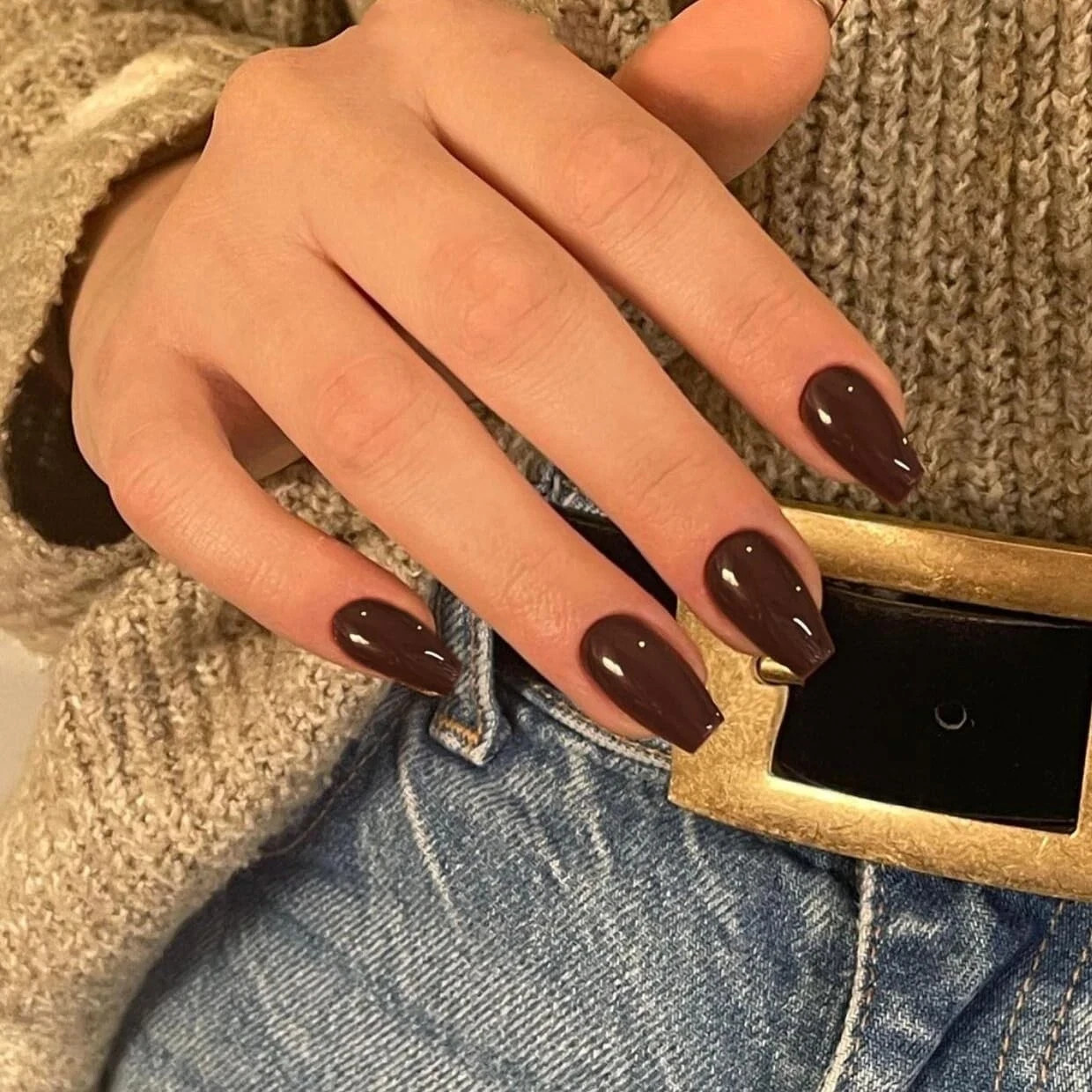KQueenest Fall Nails, Gel Press on Nails Short Medium Coffin, glossy brown