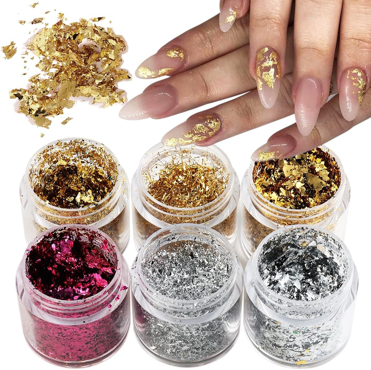 Gold Foil Flakes for Nail Art, 6 Bottles Irregular Silver Hot Pink Gold Leaf for