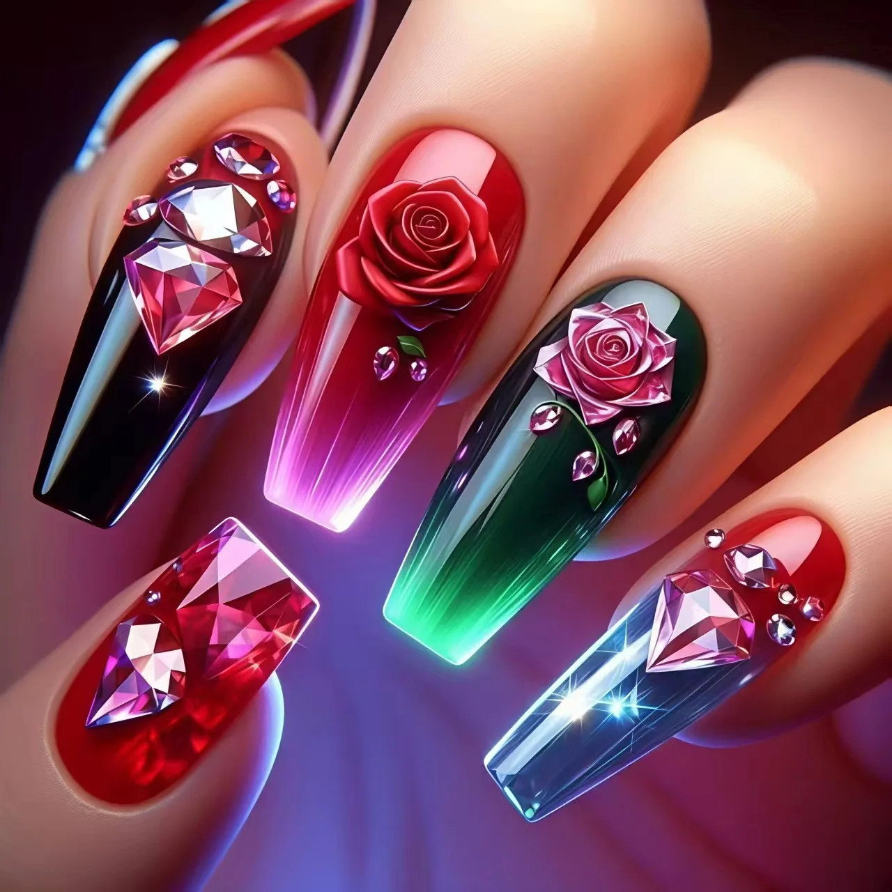 24pcs Black Almond Red Heart Rose Press On Nails