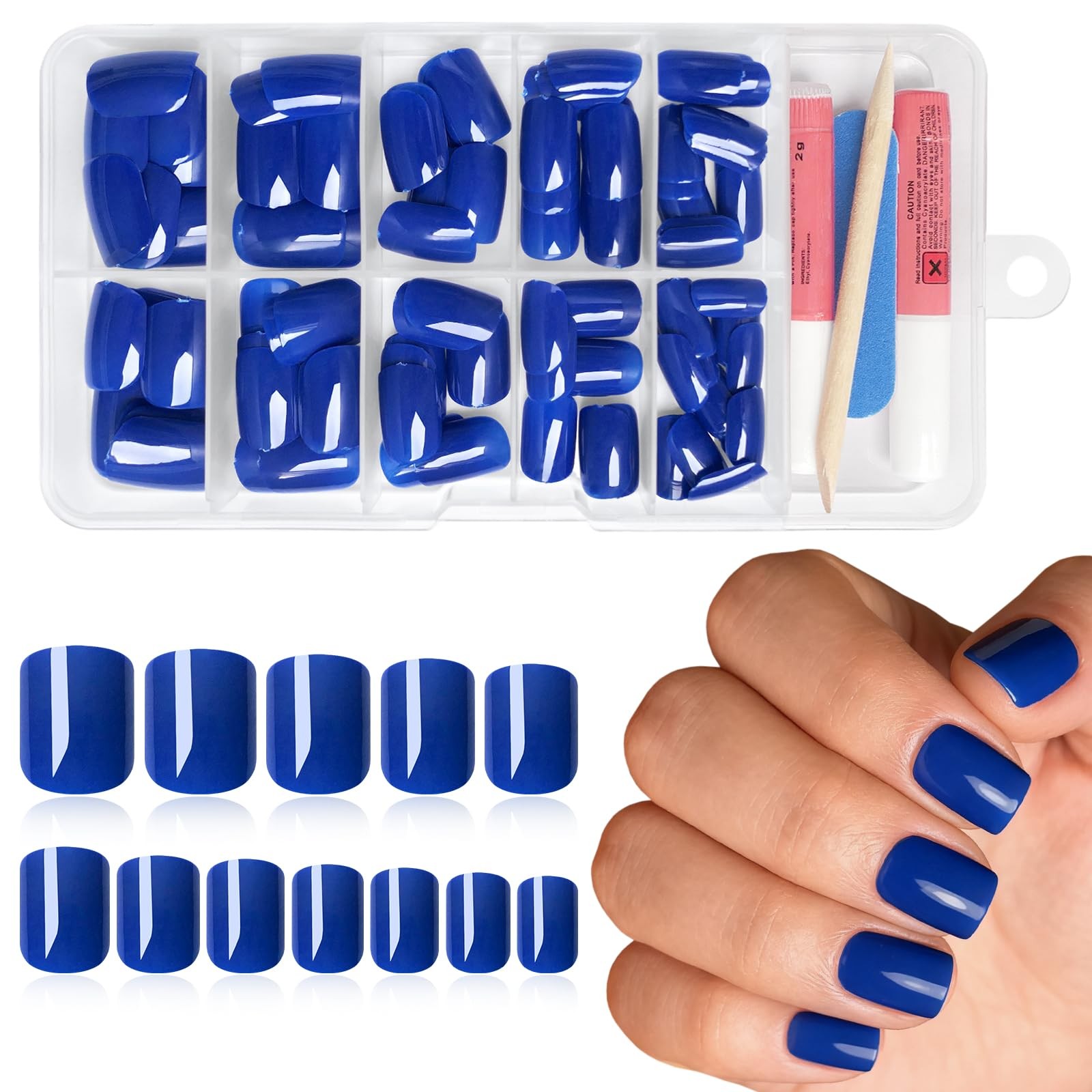 Royal Blue Press on Nails Short Square,120Pcs Glossy Royal Blue Fake Nails Fu…