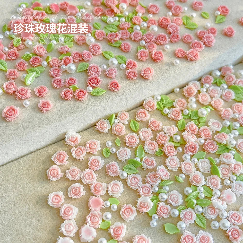 30pcs 3D Mixed Size Pearl Resin Flower Rose Nail Charms Pink Rose Red Nail Art