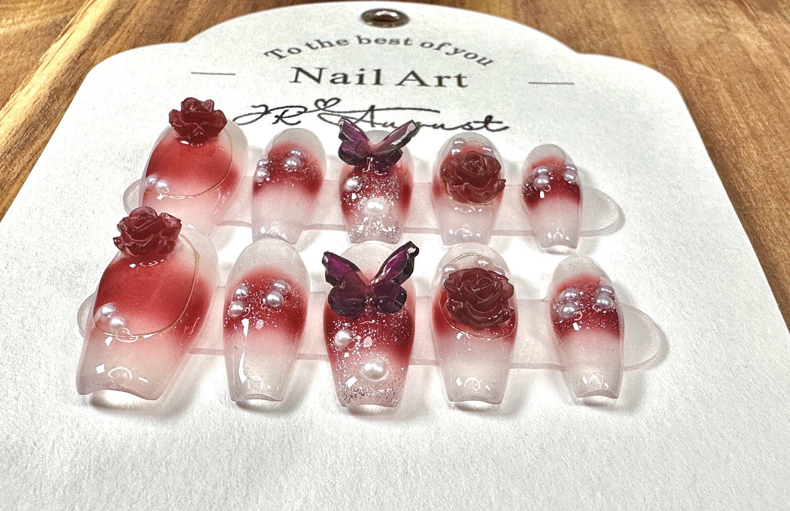 press on nails handmade Claret Butterfly And Rose Long Coffin XS S M L