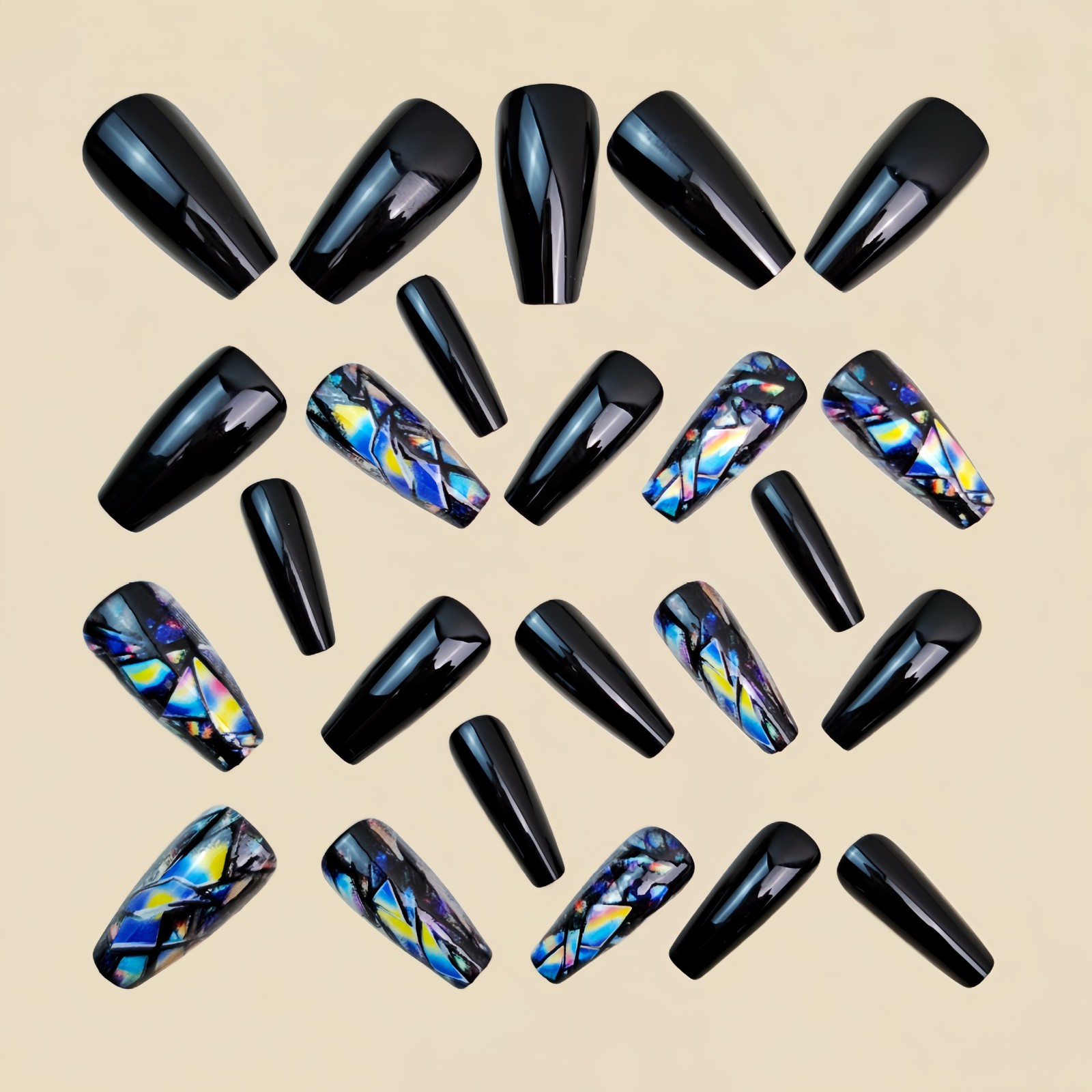 48Pcs Black Silver Press on Nails Iridescent Glitter Art Shiny Glam Fake Nails