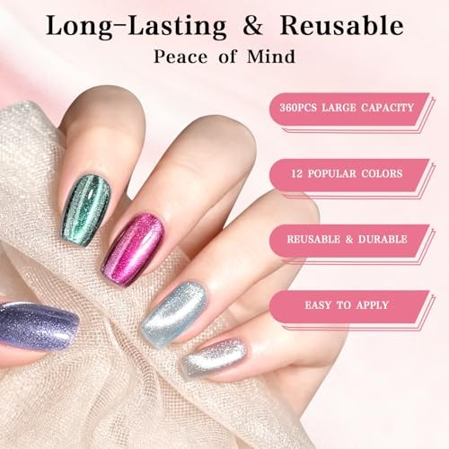 360 pcs Cat Eye Press on Nails – 12 Colors Glossy Glitter Aurora Cat Eye Shades