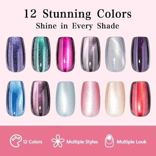 360 pcs Cat Eye Press on Nails – 12 Colors Glossy Glitter Aurora Cat Eye Shades