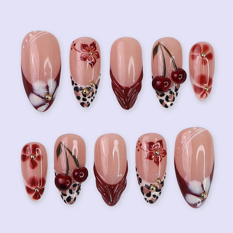 60pcs Short Almond Press on Nails, Wine Leopard 3D Cherry Red Floral Nails