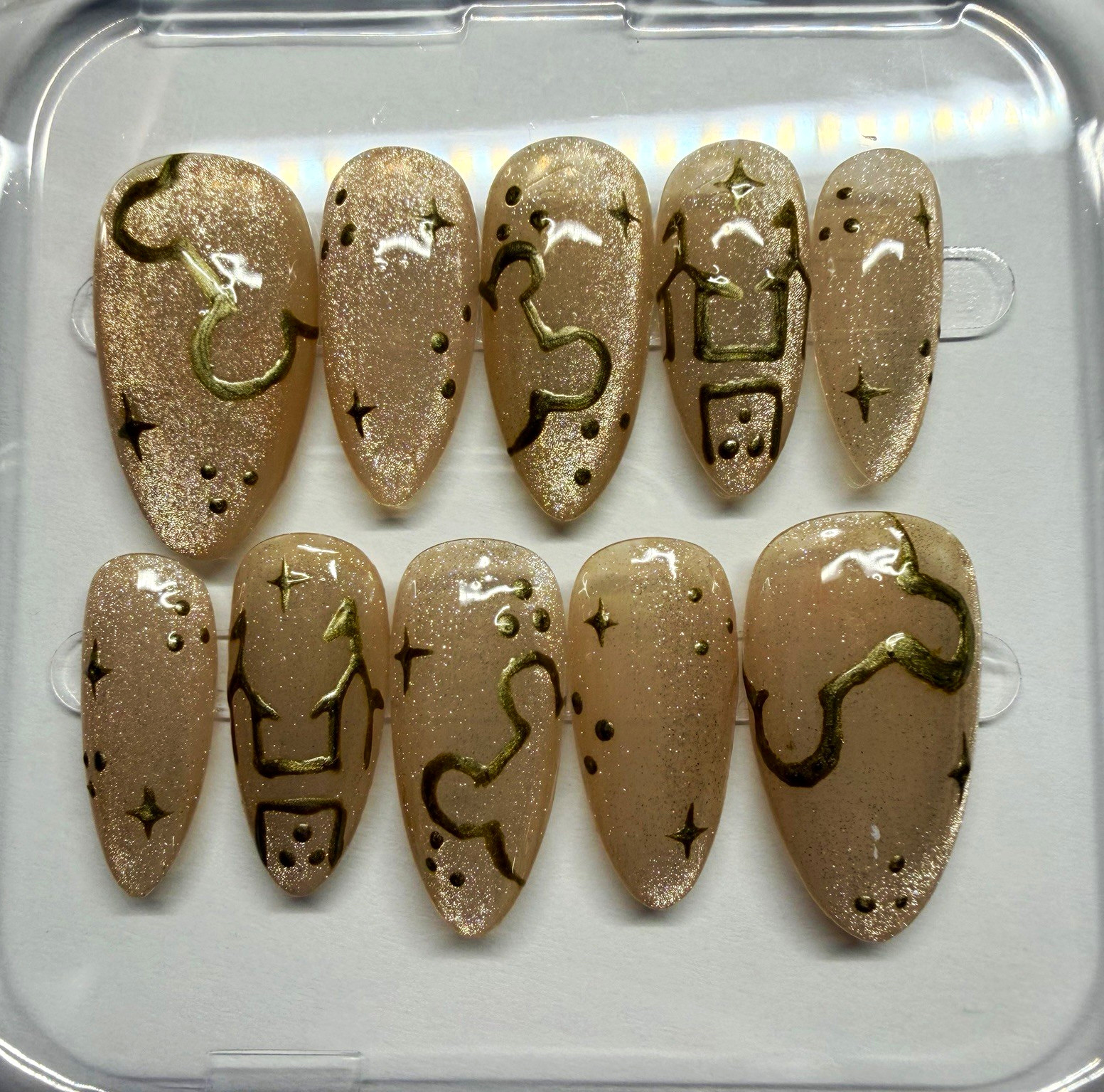 Beige/Gold Glitter Celestial Almond Press-On Nails