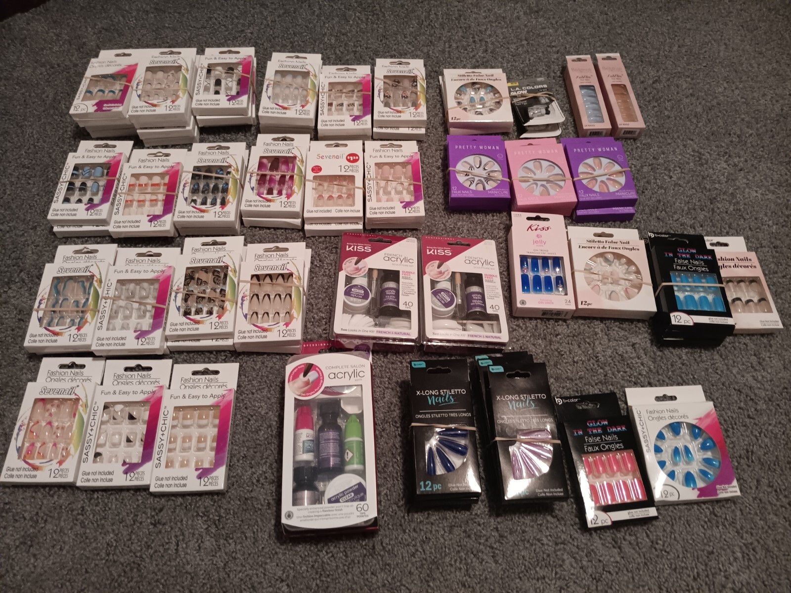 Large Lot Of Glue On Nails. 68 Boxes Total. 3 Acrylic Sculpture Kits. New.