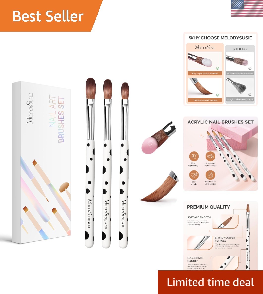 3Pcs Acrylic Nail Brush Set, Size 8/10/14 Kolinsky Acrylic Nail Brushes for Acry