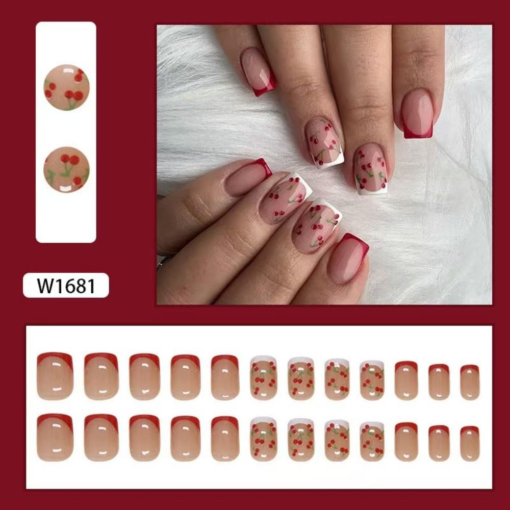 Cherry Press on Nails Short Square Fake Nude Glossy False Short, S07