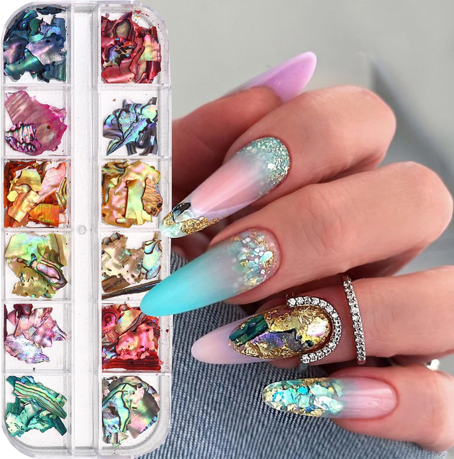 12Grids Nail Art Aurora Abalone Shell Flakes, Shiny Irregular Sea Shell 3D Charm