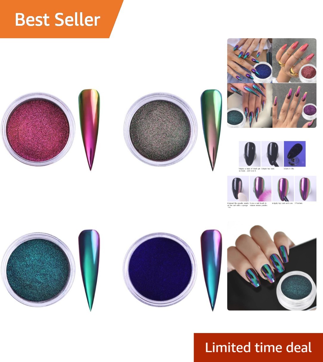 4pcs Chameleon Effect Nail Glitter Powder Set – Mermaid Metallic Shine