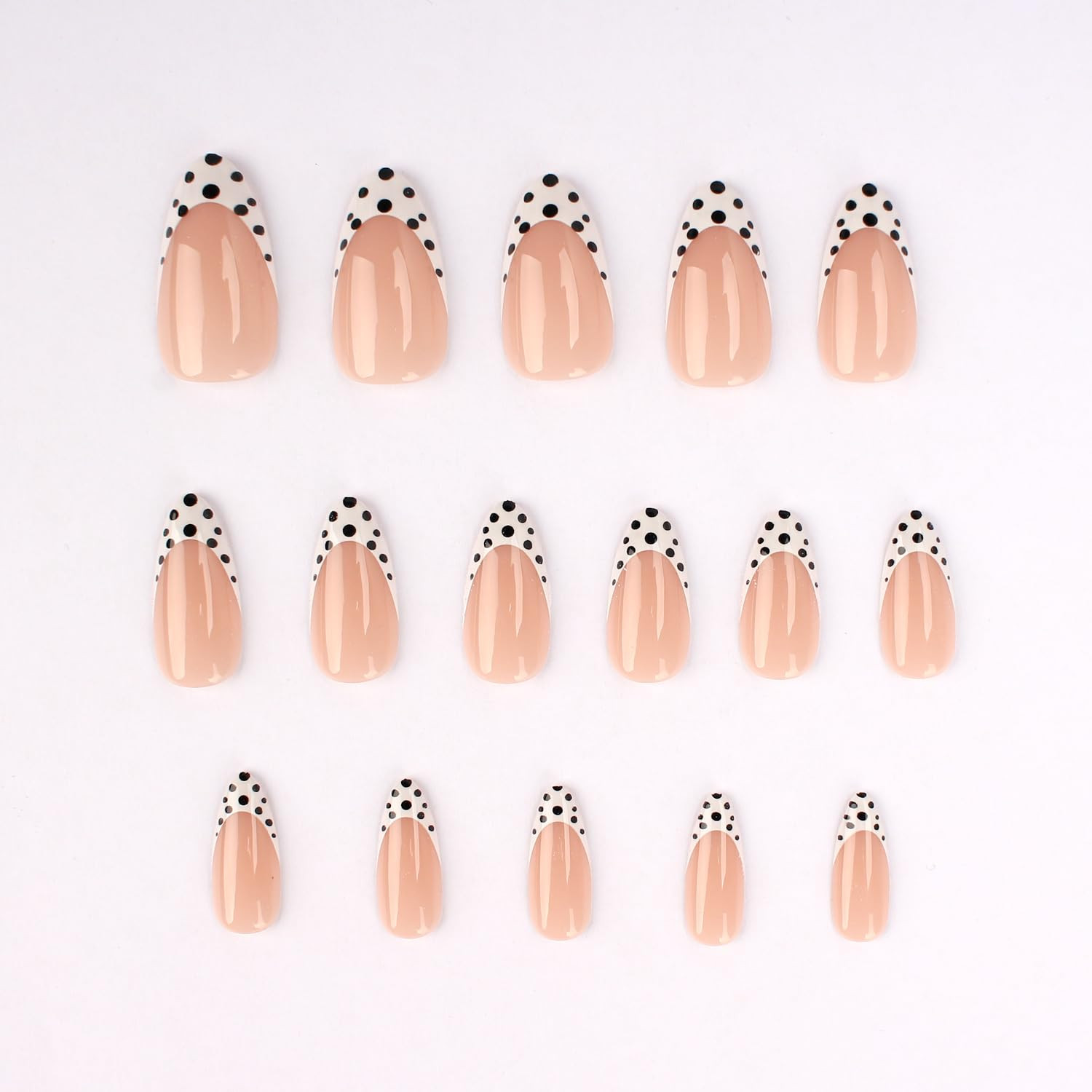 Press on Nails Almond Medium – Nude Pink French Tips with Black & White Polka Do
