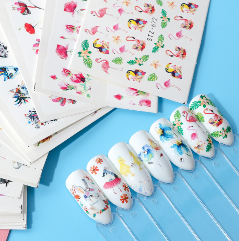 15 Sheets Nail Art Water Transfer Sticker Flamingo Animal Owl Rabbit Flower NS26