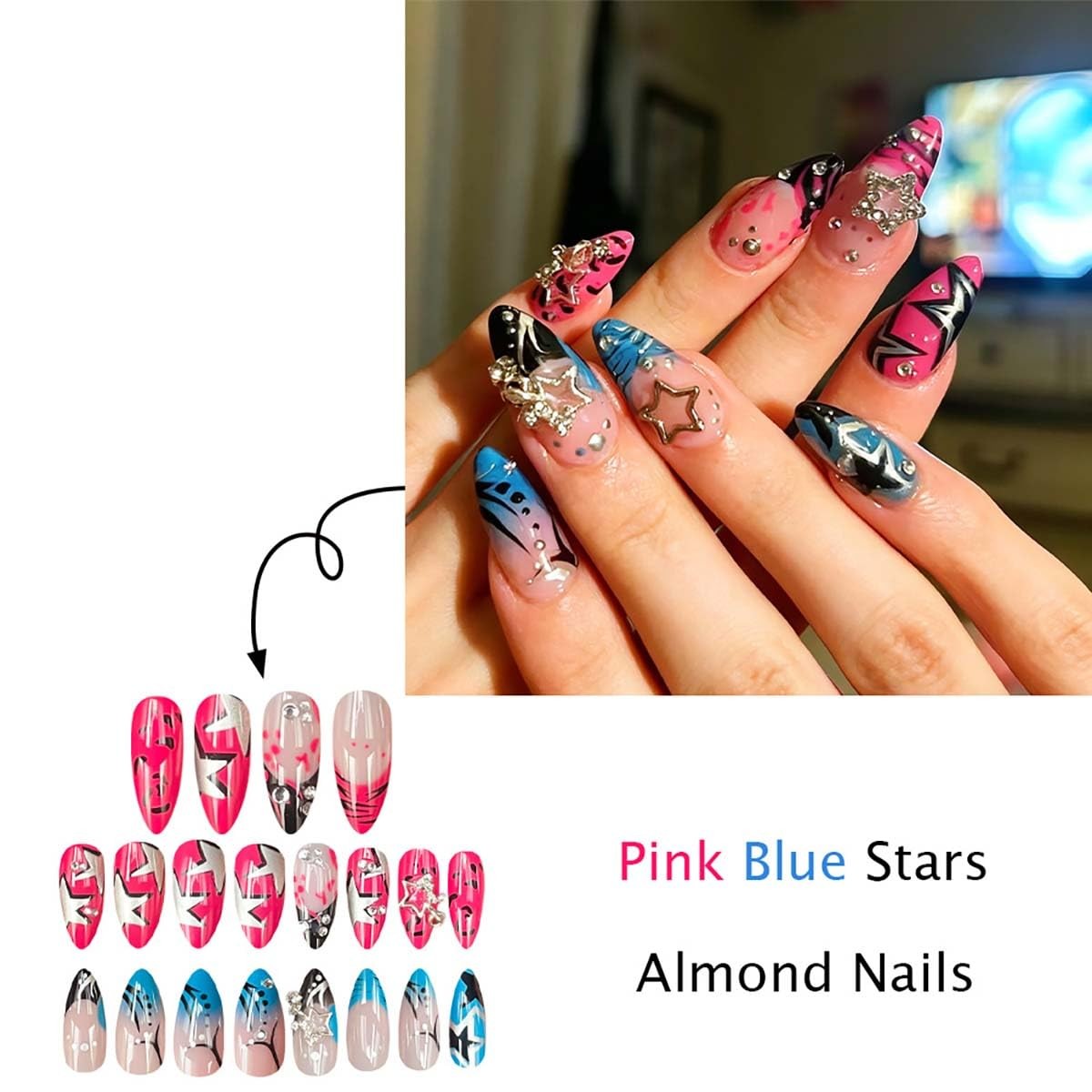 French Tip Press On Nails – Y2K Star Medium Almond Fake Nails with Silver Rhi…