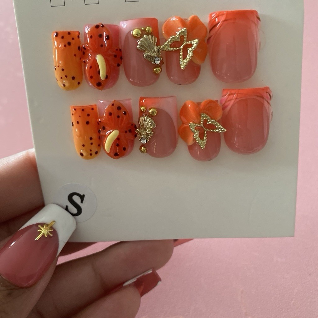 3D Butterfly Press-On Nails Short Square Full Cover Shiny Pink Orange Set