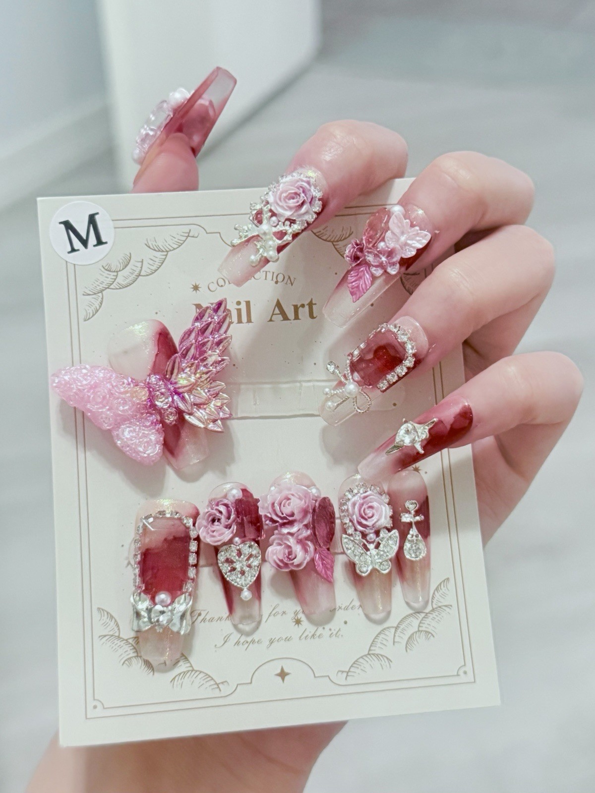 11pcs Butterfly N Rose Fake Nail Press On/Glue On Nails Size M(Read Description)