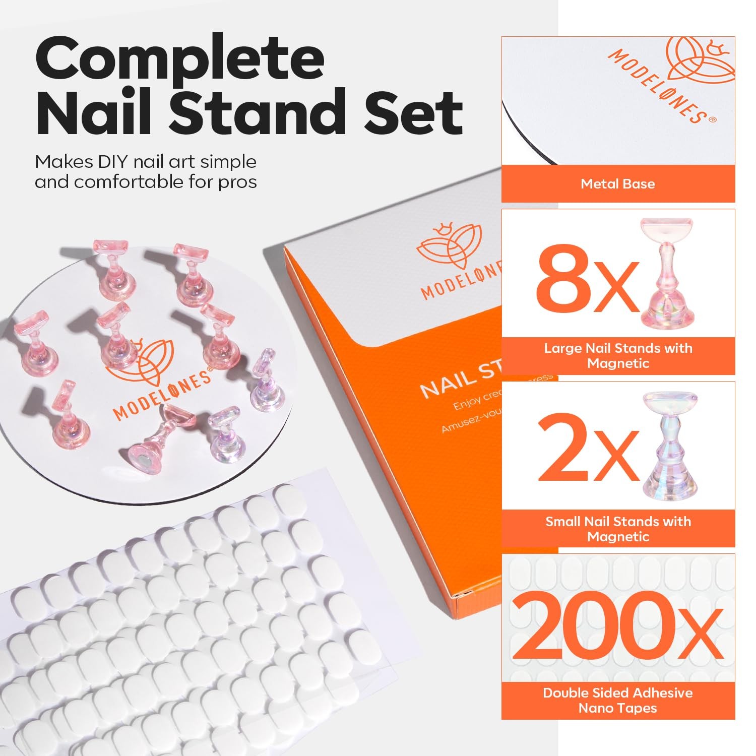 Modelones Nail Stand Round Metal Base Press on Nail Tips Holder 200pcs Tabs