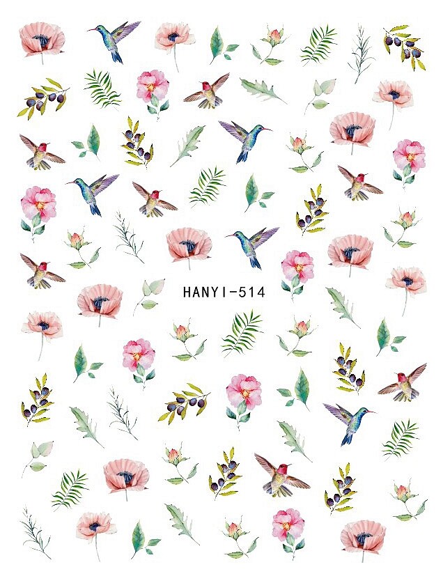 Birds Flower Nail Sticker Peony Strawberry Guava Daisy Sunflower Branch Decal