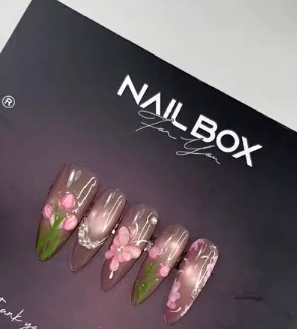 NAIL BOX 3D Floral Pre-Designed Long Almond Press-On Nails Pink Green Clear