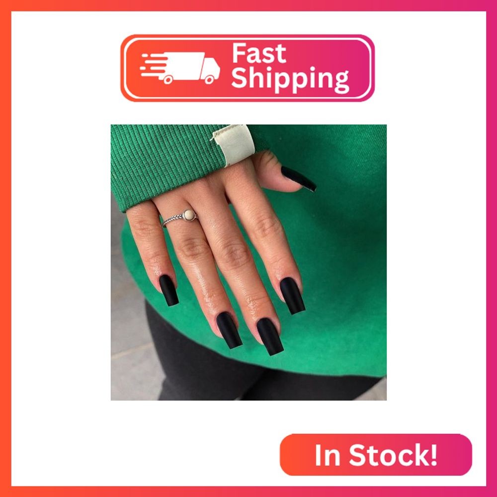 KQueenest Matte Black Press on Nails Long Medium Square, Fake Nails Press ons, G