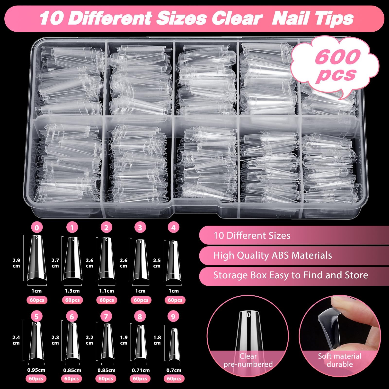 600PCS Clear Coffin Nail Tips Set – L,M,S, French Half Cover