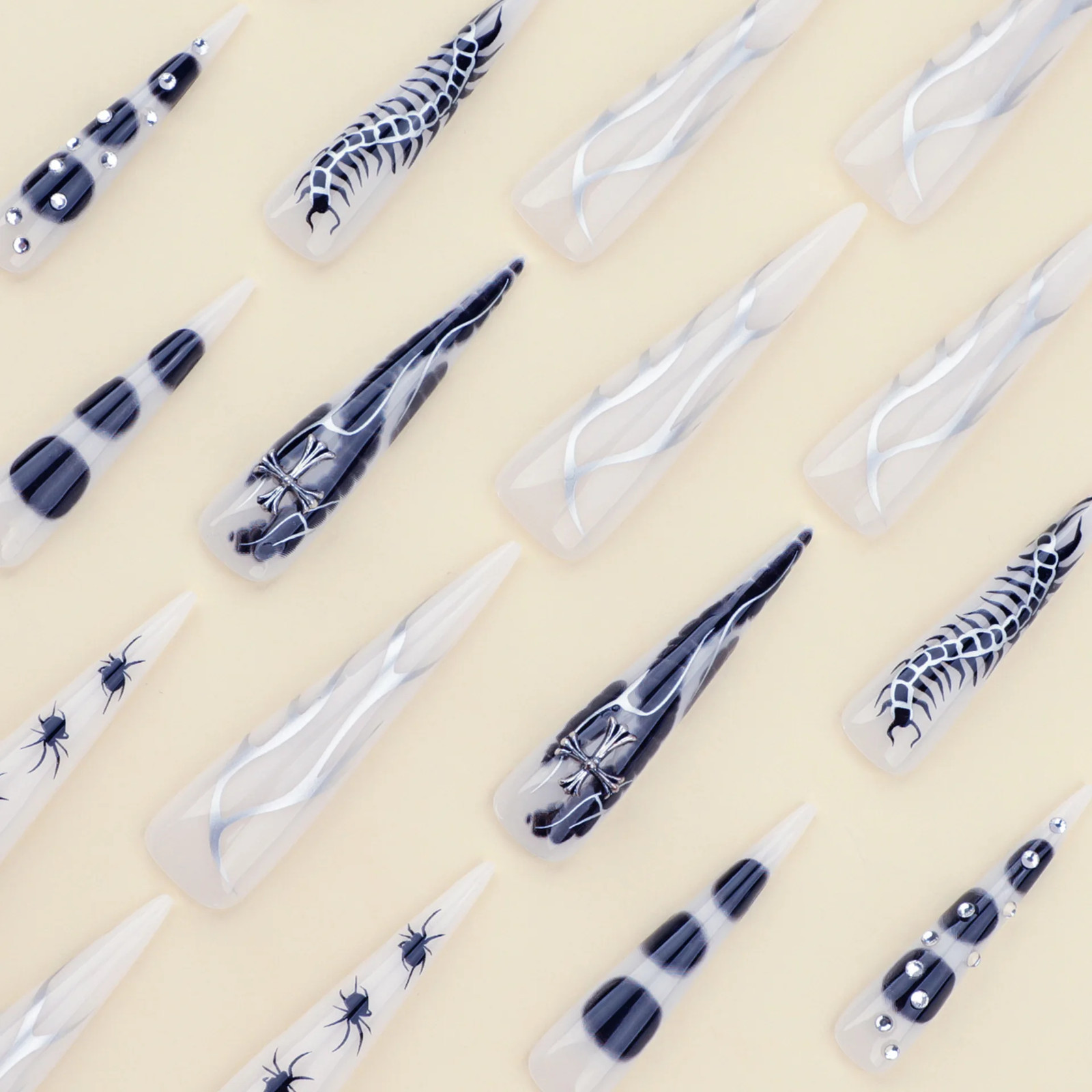 24pcs Y2k Sliver Flame Spider Long Pointed Press on Nails