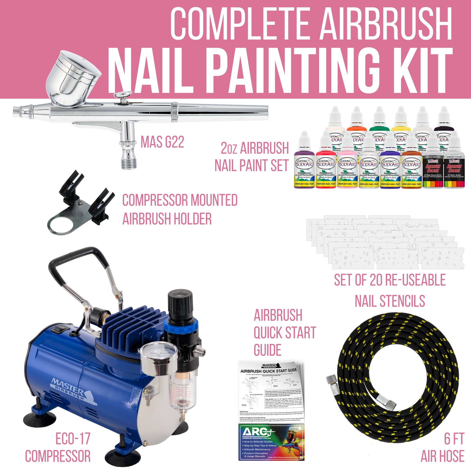 NAIL ART AIRBRUSH SYSTEM KIT Air Compressor Paint Color Set, 300 Stencil Designs