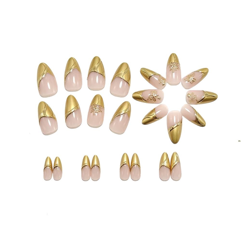 Gold French Tip Press on Nails Medium Almond Fake Almond, Style 1