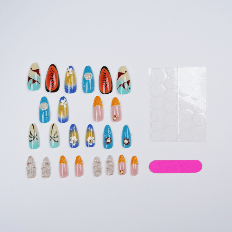 48pcs-Press on Nails Tropical Beach Palm Tree Hibiscus Bikini Shell Design Set