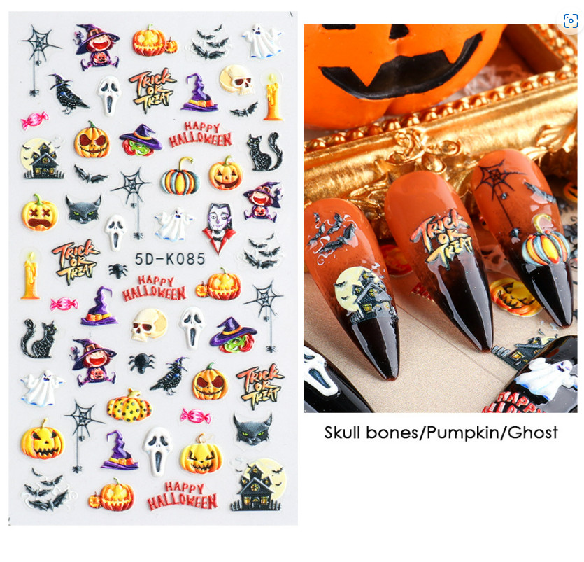 5D Nail Art Stickers Decals Halloween Skull Bones Pumpkin Ghost Spider Web K85