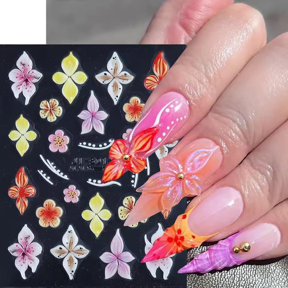Flower Nail Stickers for Nail Art, 5D Embossed Hibiscus Nail Decals Pink White L