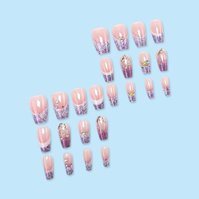 48pcs-Glitter Ombre Press On Nail, Nude Pink French Tip with Sparkle Rhinestones