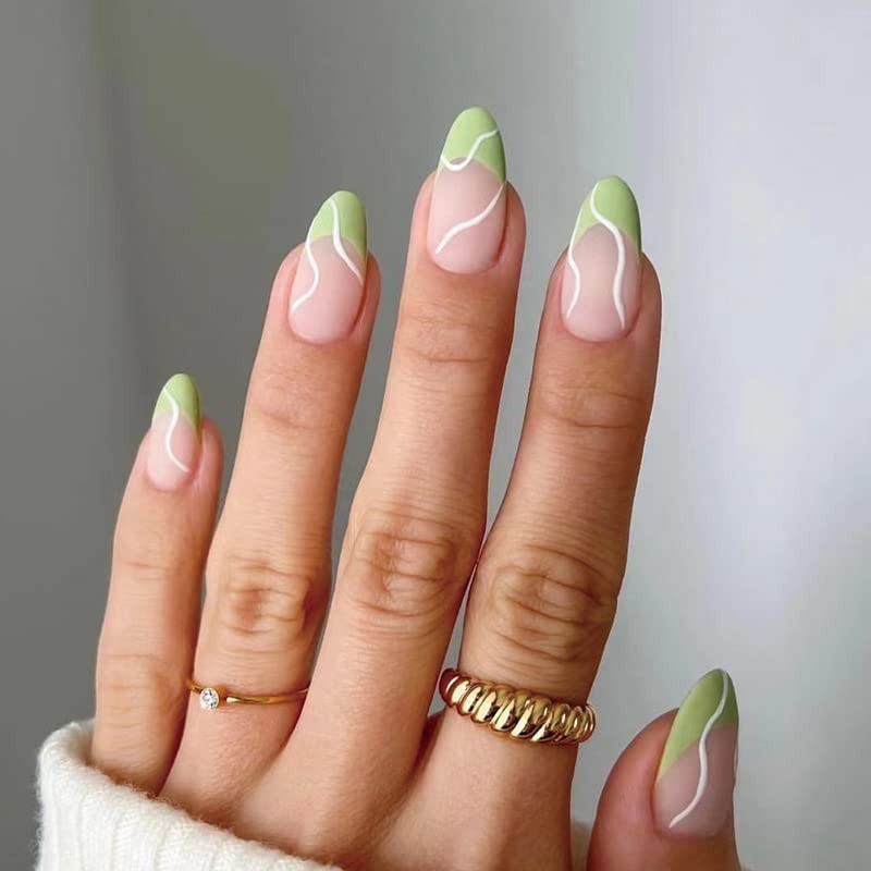 Press On Nails Almond Short Medium Nude Light Green Swirl French Tip Solid