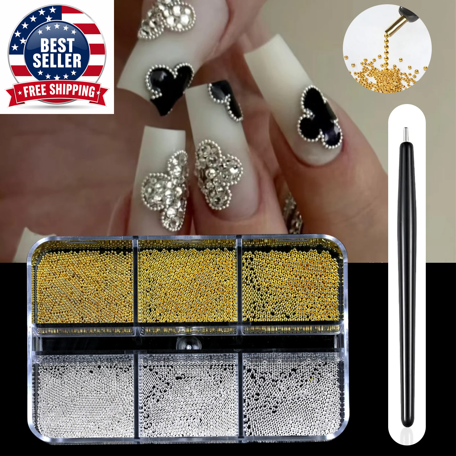 6 Grids Mini Caviar Beads Nail Art Decorations Metal Gold/Silver Micro Ball Nail