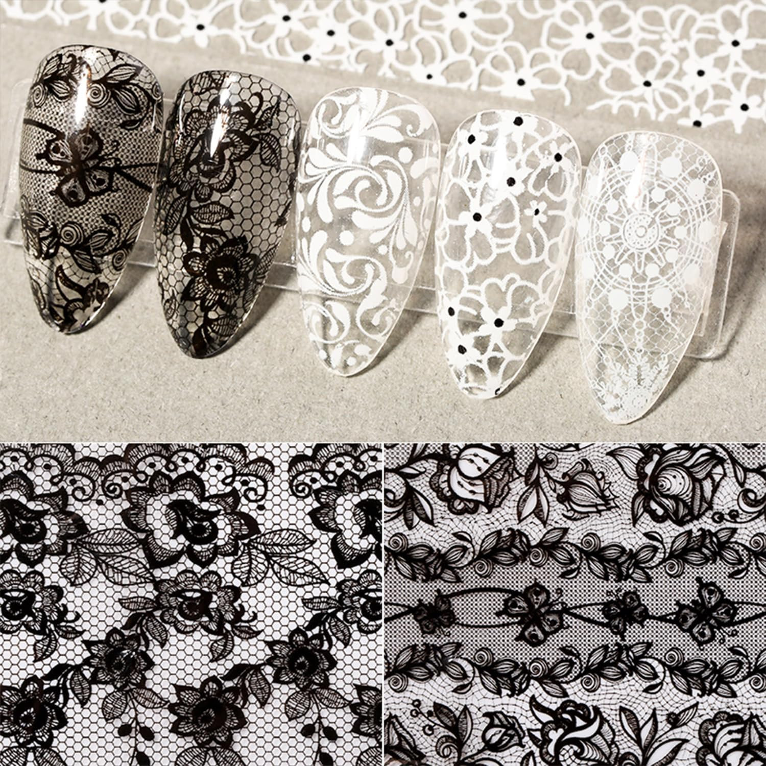 20 Rolls Lace Nail Foil White and Black Nail Transfer Foil Flower Nail Art Foils