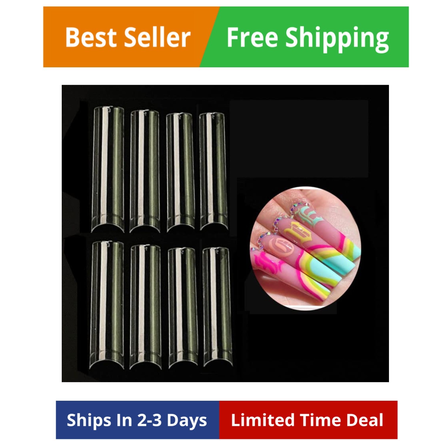 No C curve XXL Square Nail tips size 4,5,6,7, 600pcs per bag Clear Acrylic Na…