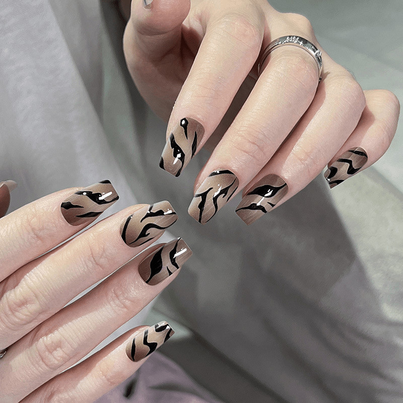 60pcs Short Square Press on Nails, Brown Base Black Tiger Stripe Swirl Nails