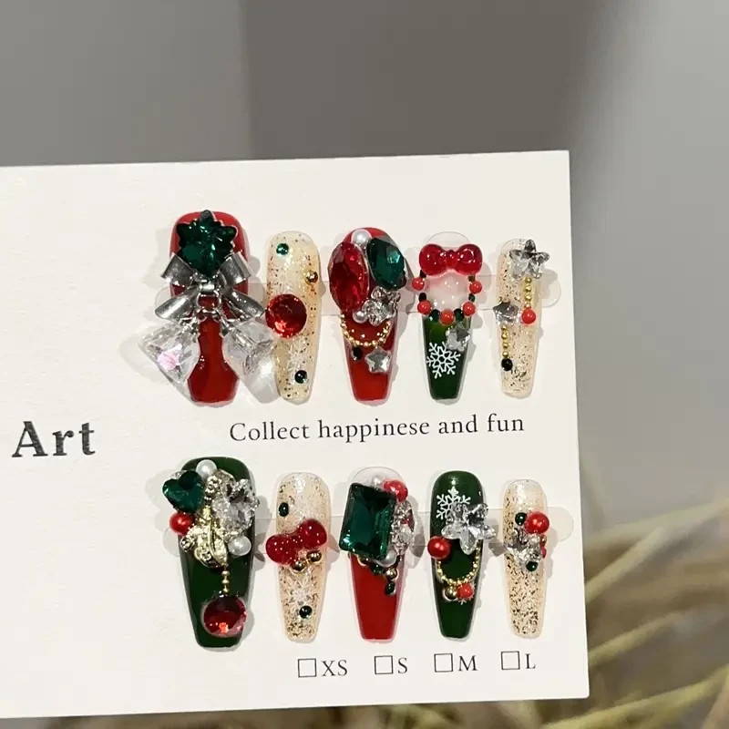 Christmas Style Elegant Press on Nails Red Green Shiny Diamond Bell Snowflake De