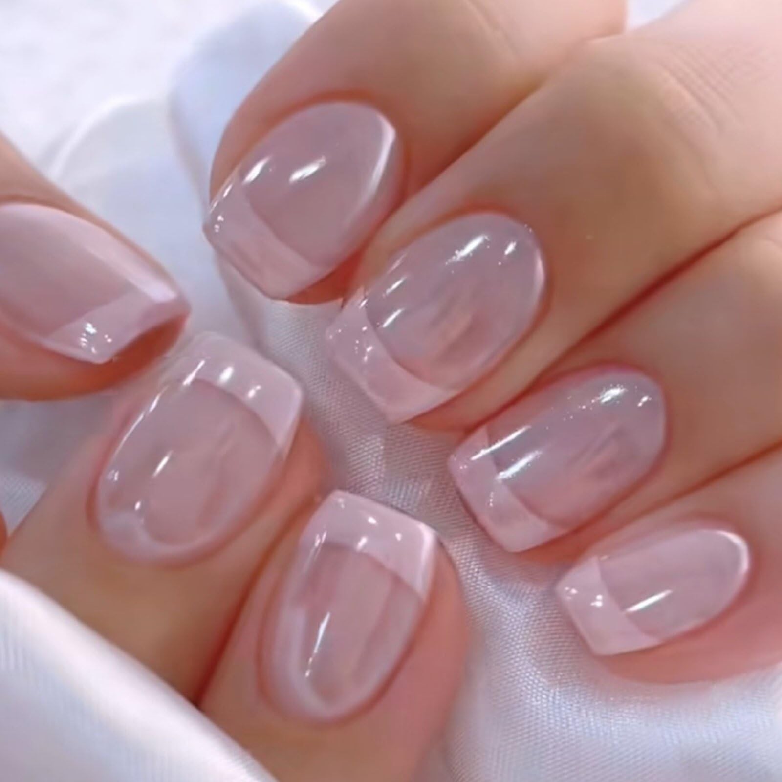 Press on Nails Square Short Fake Nails French Tip Pink – Bright False Nails w…