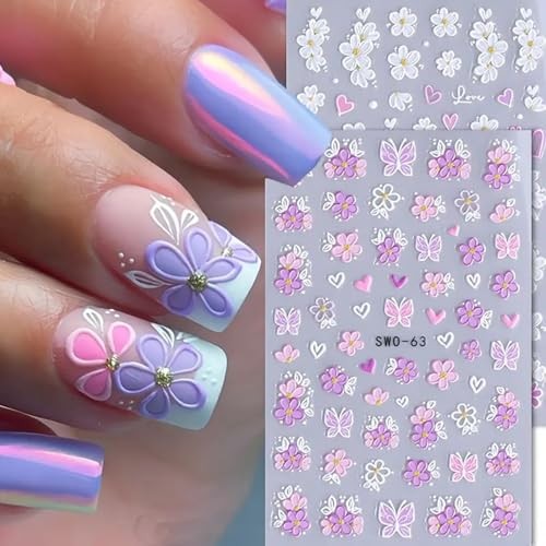 2 Sheets Spring Flower Nail Art Stickers Decals 5D Embossed Nail Decals Self W5