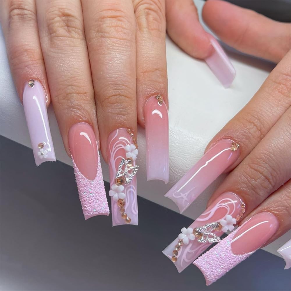 Ombre Pink Press on Nails Long Square, French Tip Fake Nails