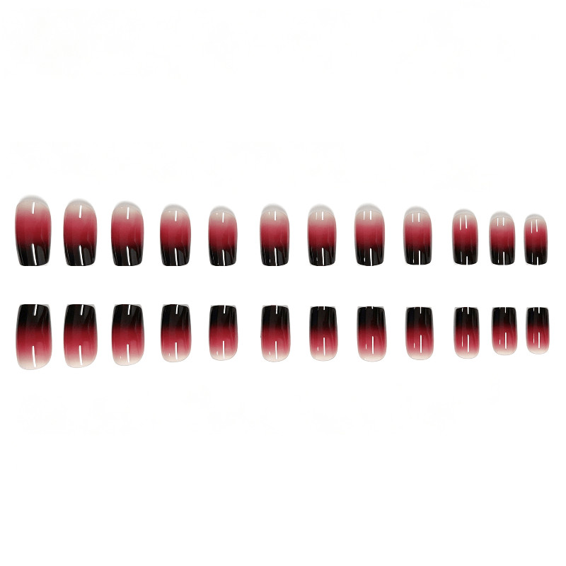 48Pcs-Glossy Medium Almond Red Black Gradient Press on Nails Daily Party Wear