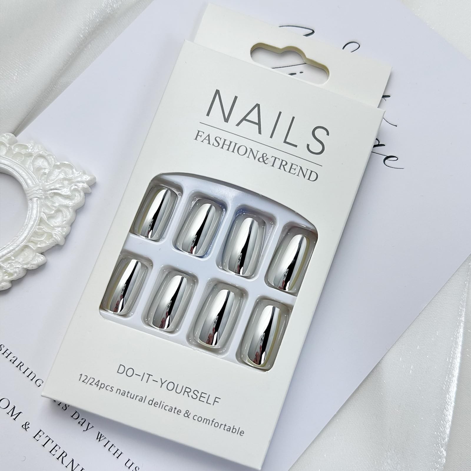 FJSMTOPl Silver Press on Nails Medium Square Fake Nails Metallic False Nail…