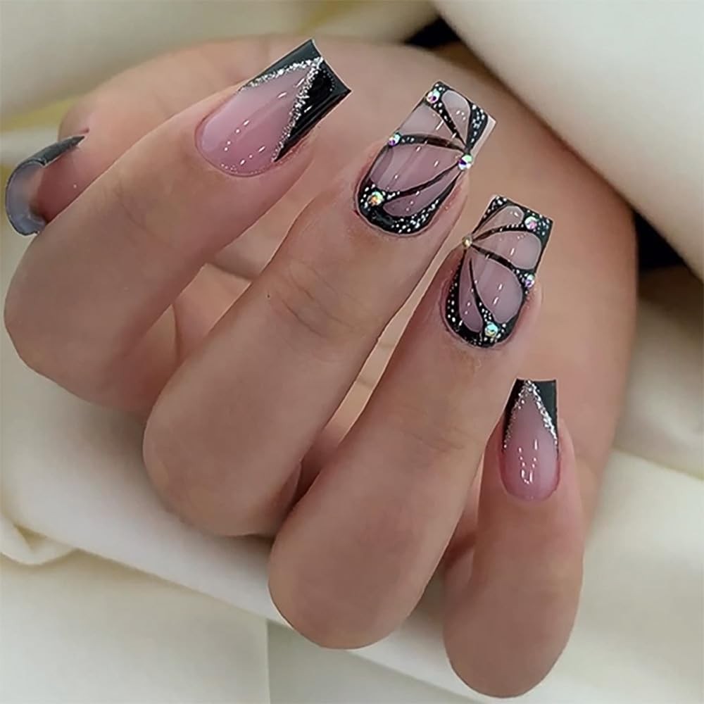 Black Press on Nails Short Medium Square French Tip Fake Nails with Butterfly…