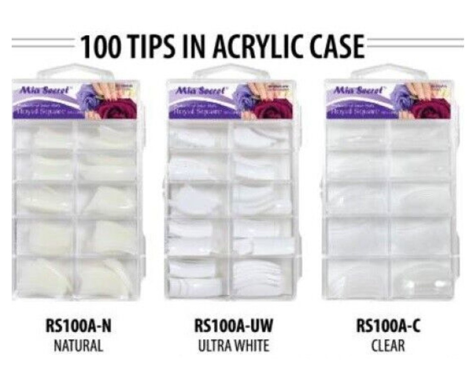 Mia Secret Nail Tips ROYAL SQUARE- Natural+ Ultra White +Clear ( 100 TIPS )